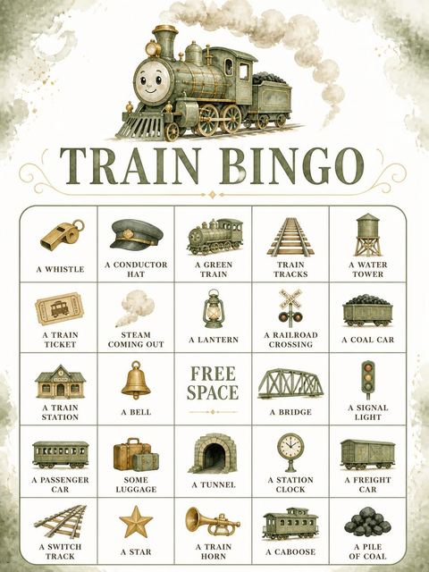 Bingo grid in the Watercolor Steam Engine 3rd Birthday design