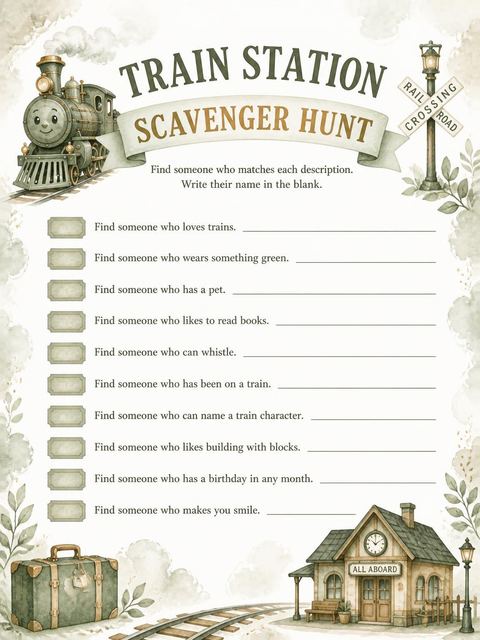 Scavenger hunt in the Watercolor Steam Engine 3rd Birthday design