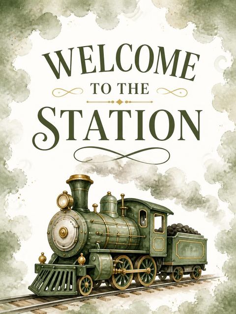 Welcome sign in the Watercolor Steam Engine 3rd Birthday design