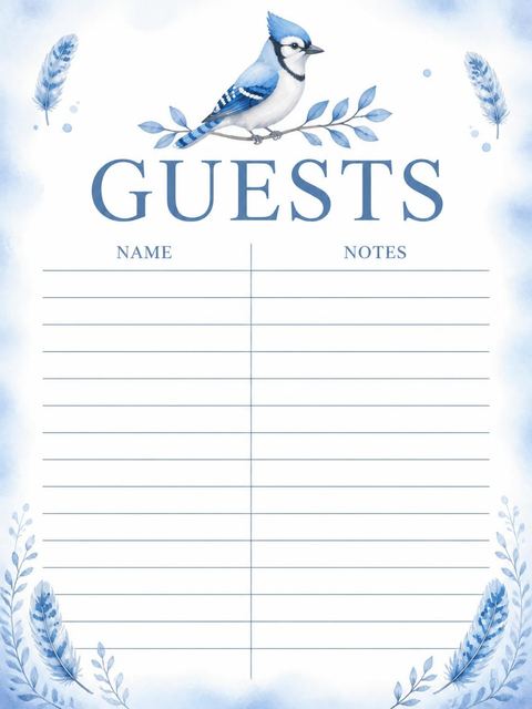 Guest sign-in sheet in the Watercolor Blue Jay 2nd Birthday design