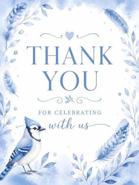 Thank-you flat in the Watercolor Blue Jay 2nd Birthday design