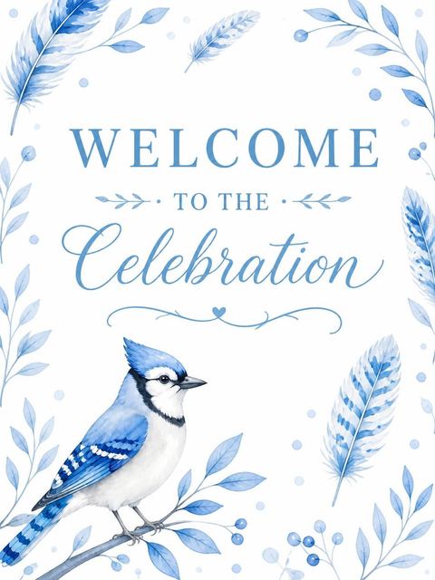 Welcome sign in the Watercolor Blue Jay 2nd Birthday design