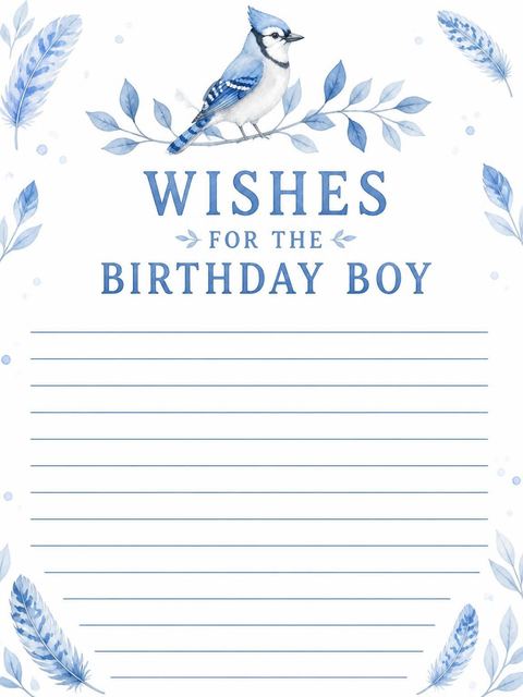 Wishes page in the Watercolor Blue Jay 2nd Birthday design
