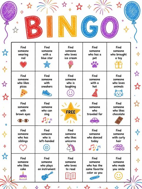 Bingo grid in the Crayon Fireworks Balloon 4th Birthday Invitation design