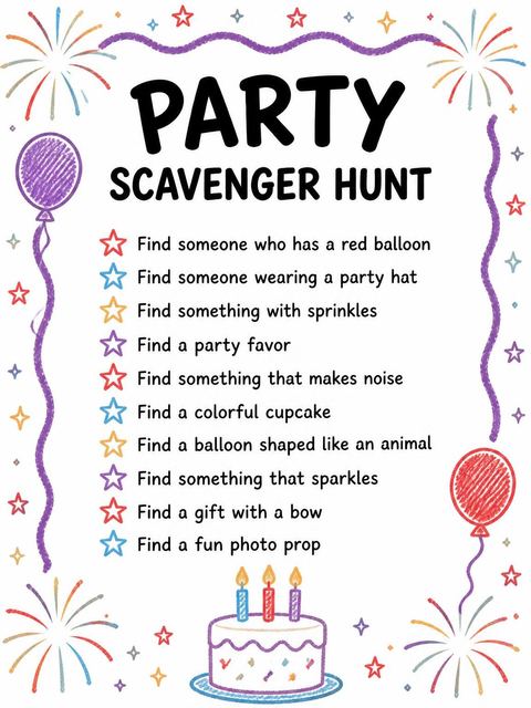 Scavenger hunt in the Crayon Fireworks Balloon 4th Birthday Invitation design
