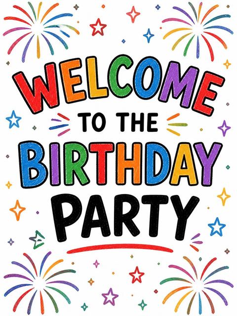 Welcome sign in the Crayon Fireworks Balloon 4th Birthday Invitation design