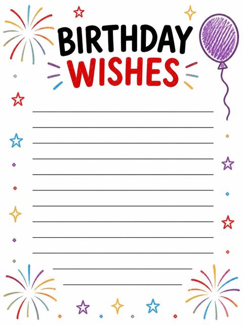 Wishes page in the Crayon Fireworks Balloon 4th Birthday Invitation design