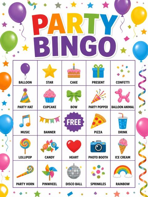 Bingo grid in the Rainbow Balloon Confetti 4th Birthday design