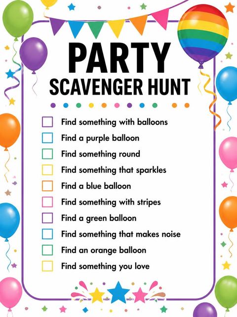 Scavenger hunt in the Rainbow Balloon Confetti 4th Birthday design