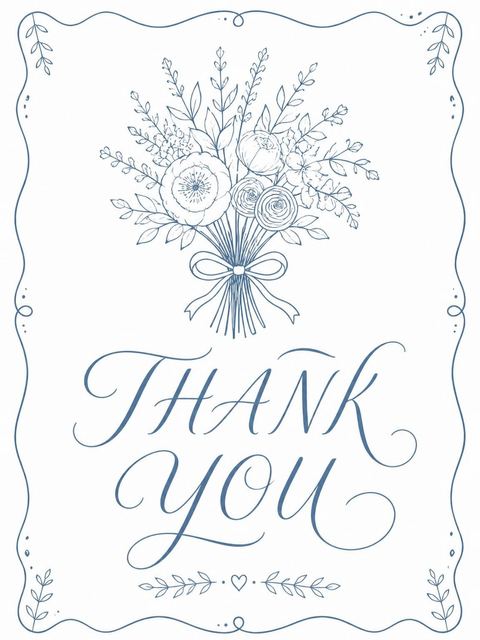 Thank-you flat in the Blue Line-Art Floral Bridal Shower design