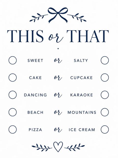 This-or-that card in the Navy Script Minimalist Sweet Sixteen design
