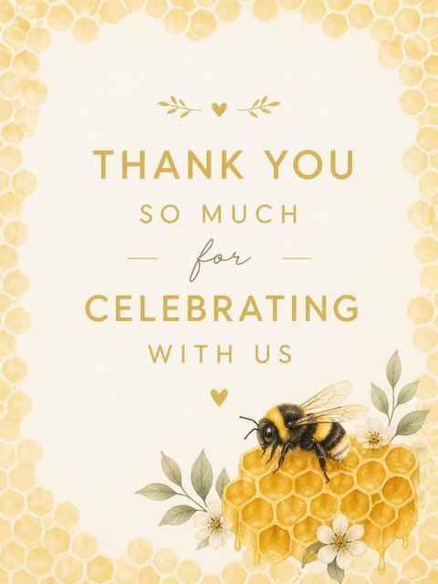 Thank-you flat in the Watercolor Bumblebee Honeycomb 4th Birthday Invitation design