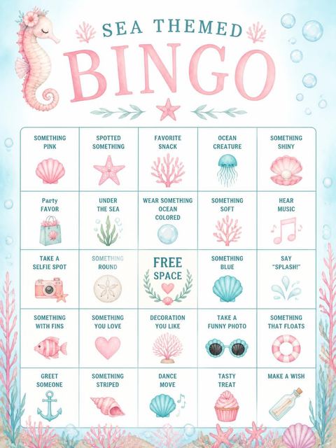 Bingo grid in the Watercolor Seahorse Floral 2nd Birthday design