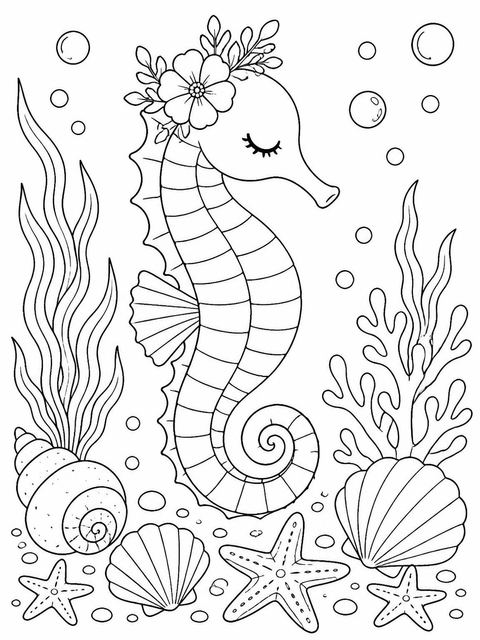 Coloring sheet in the Watercolor Seahorse Floral 2nd Birthday design