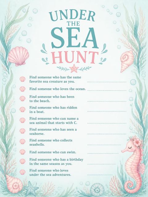 Scavenger hunt in the Watercolor Seahorse Floral 2nd Birthday design