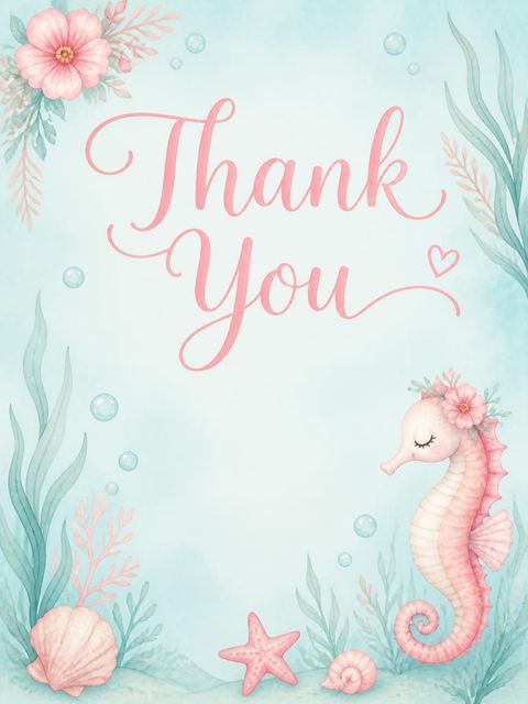 Thank-you flat in the Watercolor Seahorse Floral 2nd Birthday design