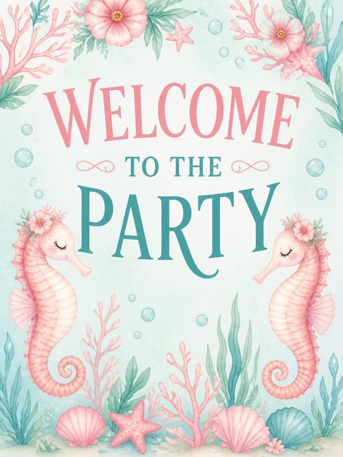 Welcome sign in the Watercolor Seahorse Floral 2nd Birthday design