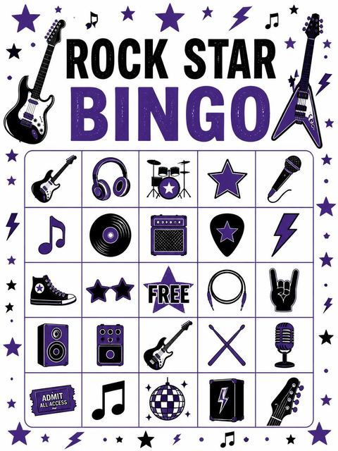Bingo grid in the Purple Electric Guitar 4th Birthday design