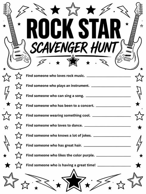 Scavenger hunt in the Purple Electric Guitar 4th Birthday design