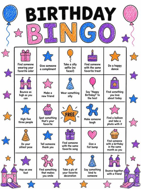 Bingo grid in the Crayon Drawing Bouncy Castle 5th Birthday design