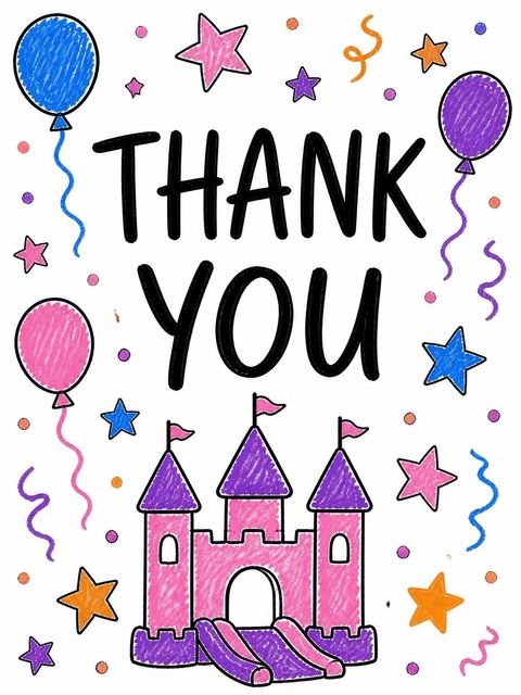 Thank-you flat in the Crayon Drawing Bouncy Castle 5th Birthday design
