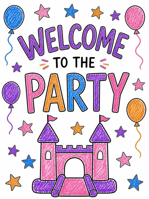 Welcome sign in the Crayon Drawing Bouncy Castle 5th Birthday design