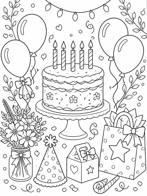 Coloring sheet in the Blue Line-Art Botanical 10th Birthday Dinner design