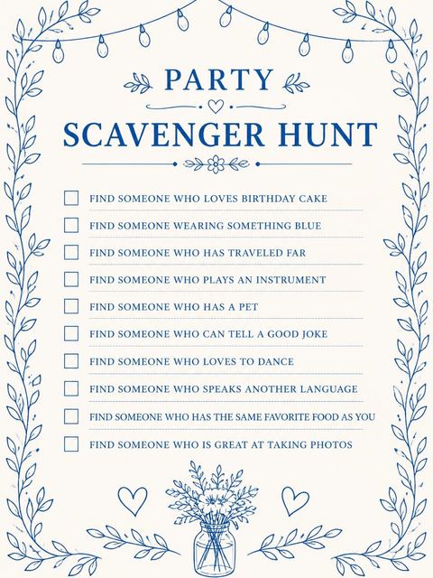 Scavenger hunt in the Blue Line-Art Botanical 10th Birthday Dinner design