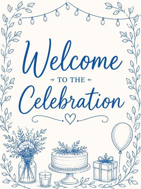 Welcome sign in the Blue Line-Art Botanical 10th Birthday Dinner design