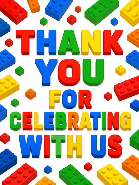 Thank-you flat in the Primary Color Building Block 6th Birthday design