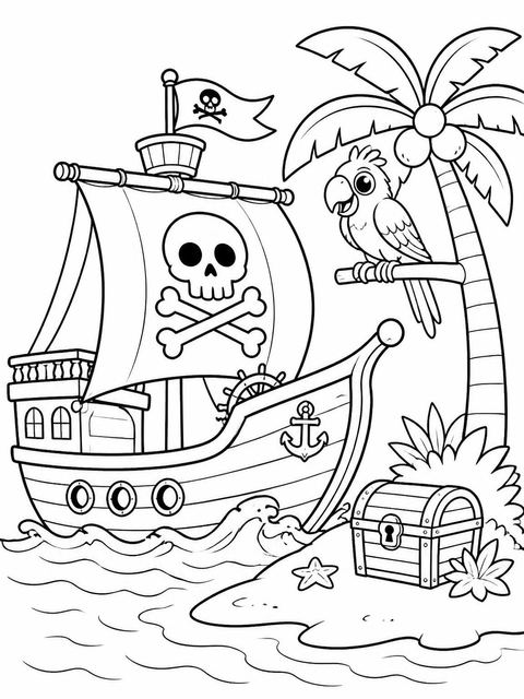 Coloring sheet in the Navy Pirate Ship Kids Birthday design