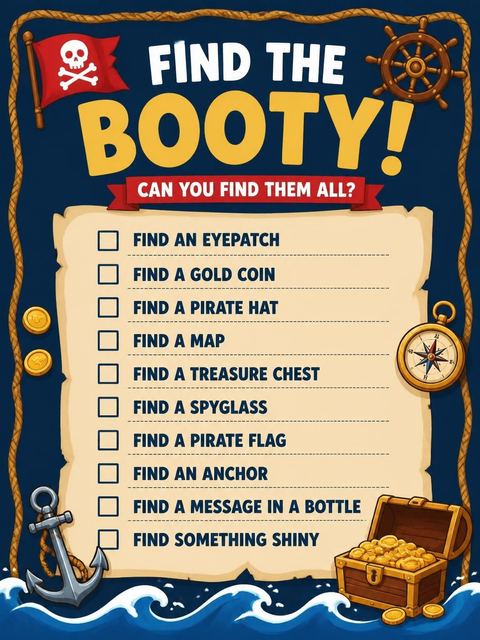 Scavenger hunt in the Navy Pirate Ship Kids Birthday design