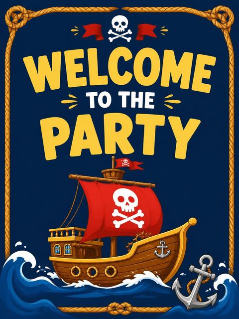 Welcome sign in the Navy Pirate Ship Kids Birthday design