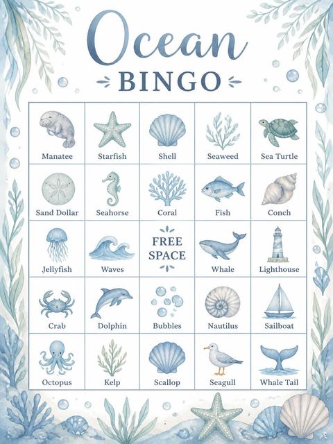Bingo grid in the Blue Watercolor Manatee 3rd Birthday design