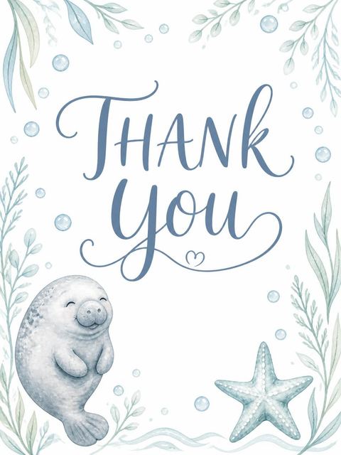 Thank-you flat in the Blue Watercolor Manatee 3rd Birthday design