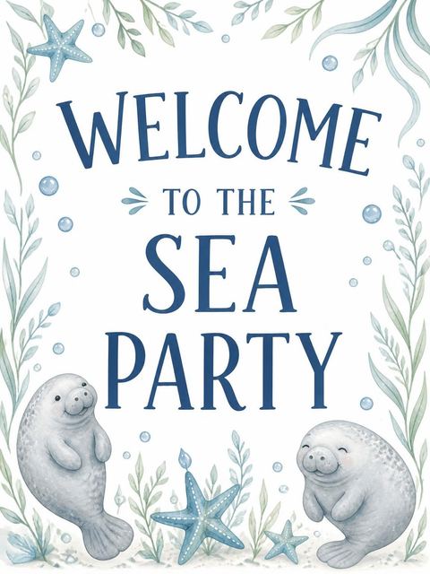 Welcome sign in the Blue Watercolor Manatee 3rd Birthday design