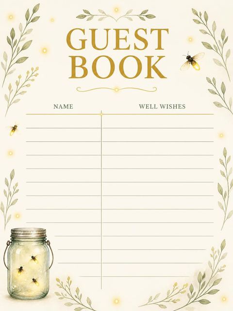 Guest sign-in sheet in the Gold Sage Firefly Mason Jar 5th Birthday design