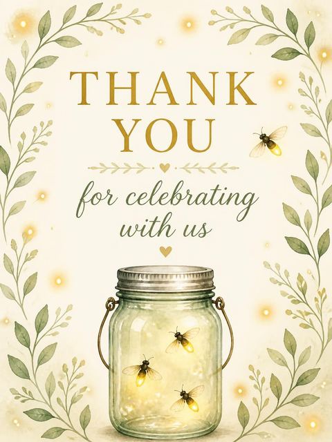 Thank-you flat in the Gold Sage Firefly Mason Jar 5th Birthday design