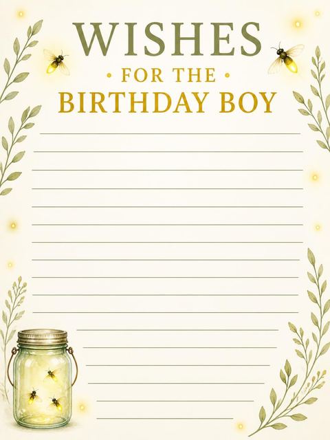 Wishes page in the Gold Sage Firefly Mason Jar 5th Birthday design