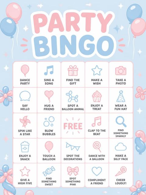 Bingo grid in the Pink and Blue Balloon 2nd Birthday design