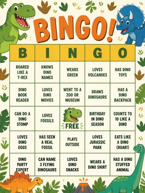 Bingo grid in the Roaring Dino Jungle 6th Birthday design
