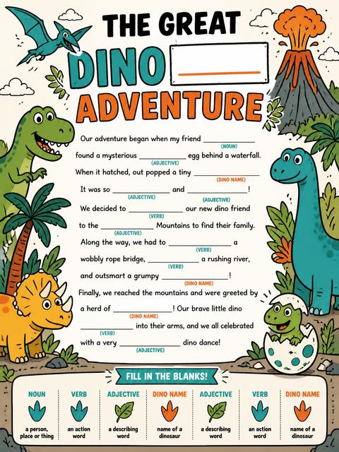 Mad libs in the Roaring Dino Jungle 6th Birthday design