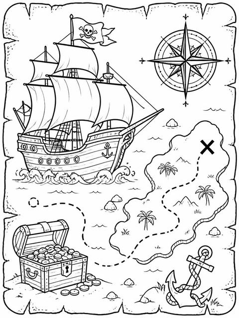 Coloring sheet in the Vintage Parchment Pirate Treasure 6th Birthday design