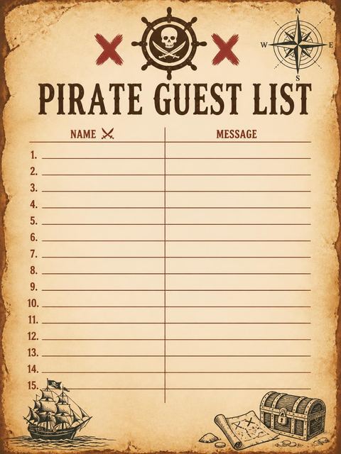 Guest sign-in sheet in the Vintage Parchment Pirate Treasure 6th Birthday design
