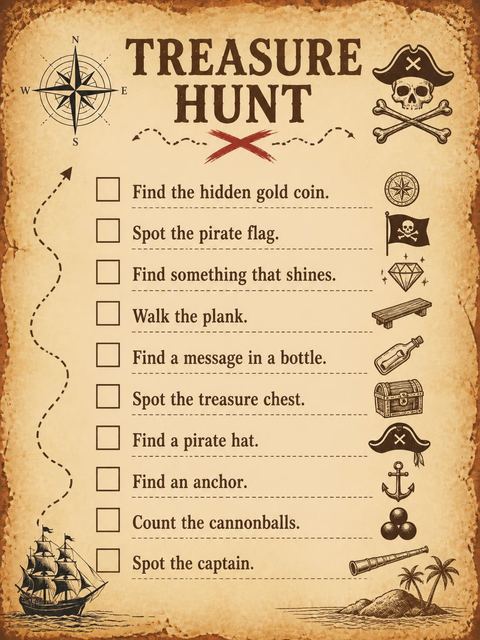 Scavenger hunt in the Vintage Parchment Pirate Treasure 6th Birthday design