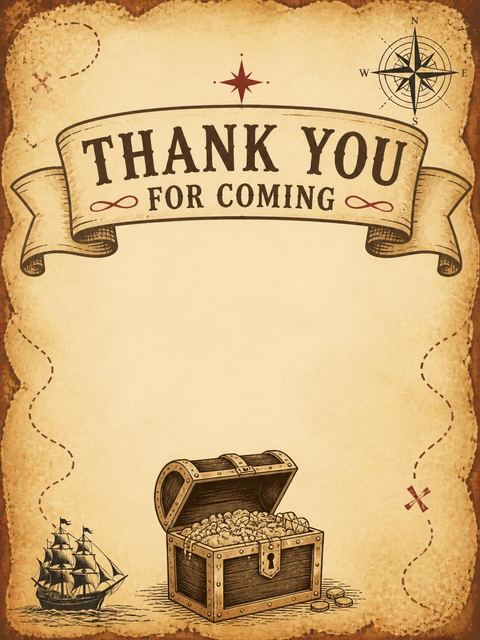 Thank-you flat in the Vintage Parchment Pirate Treasure 6th Birthday design