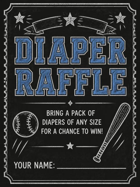 Diaper raffle ticket in the Chalkboard Varsity Baseball Baby Shower design