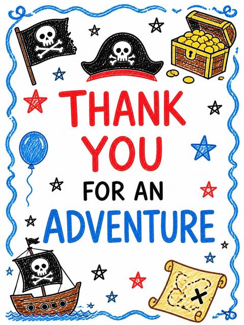 Thank-you flat in the Crayon Pirate Ship 9th Birthday design