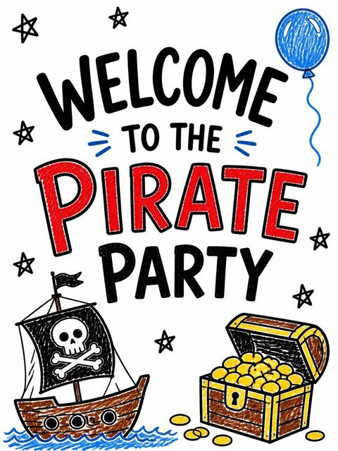 Welcome sign in the Crayon Pirate Ship 9th Birthday design