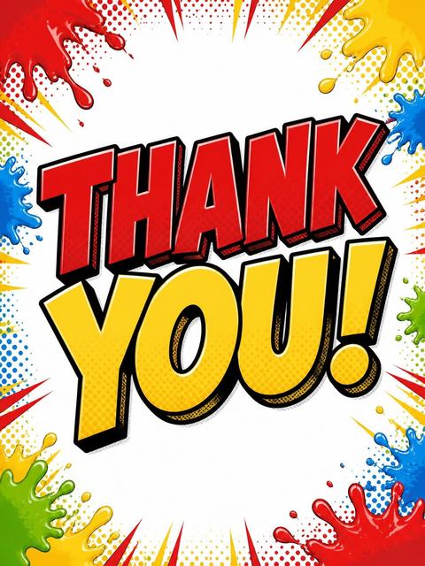 Thank-you flat in the Comic Book Paint Splatter 1st Birthday design